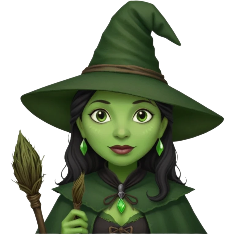 elphaba the wicked witch from wicked movie (cynthia erivo) dark long textured hair, thick lips, green skins, witch hat, witch broom emoji