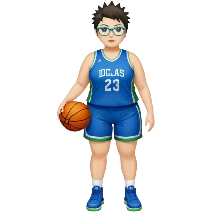 full body white plus size women basketball player with short spiky dark hair with added blond highlights wearing blue glasses wearing blue and green uniform emoji