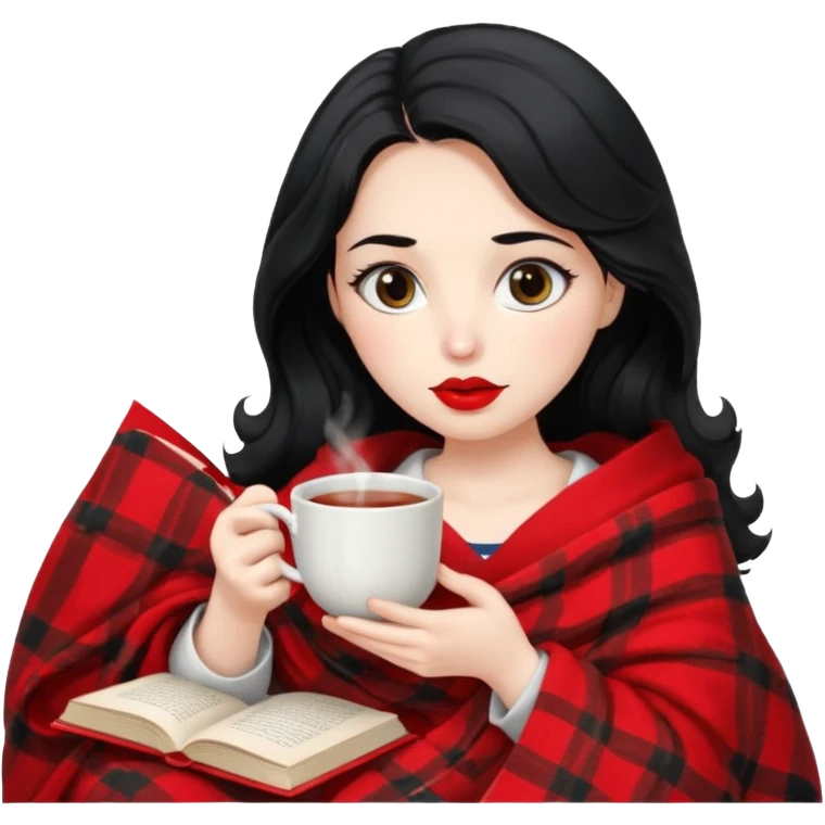 Long wavy Black haired, white skinned, dark big eyed girl with red lipstick wrapped in a blanket, sipping tea and reading a book emoji