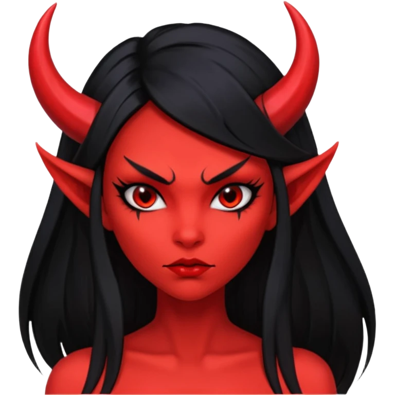 Head only demon girl, strong pronounced cheekbones, sharp angular jawline, skin fully pure red everywhere, long straight sleek black hair, small ho emoji