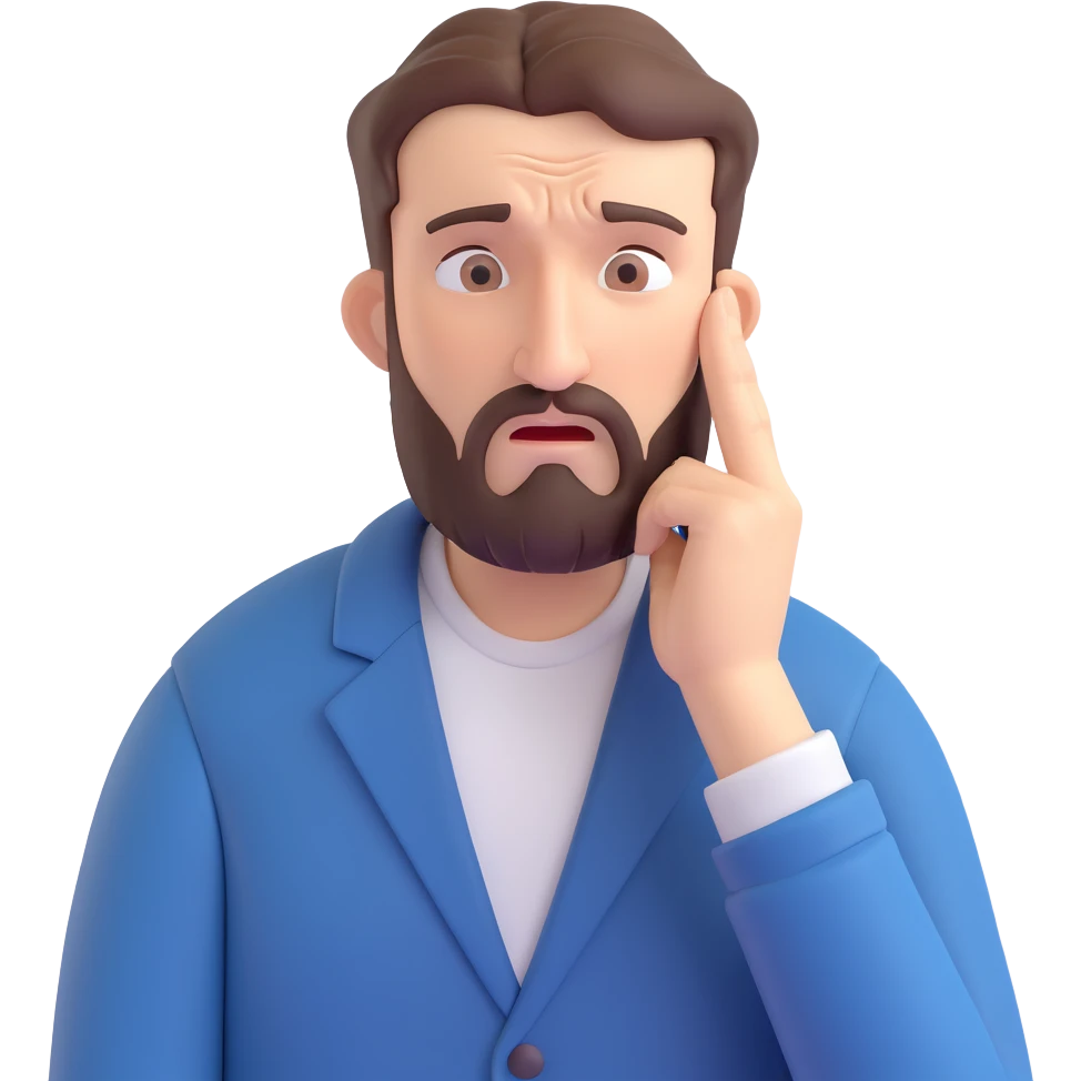 frustrated bearded man rubbing his temples with both index fingers, tense expression emoji