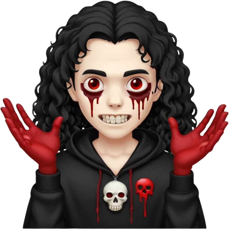 Vampire wearing a black hoodie with a skull logo on it, long curly hair that covers the forehead, fanged teeth and blood on hands emoji