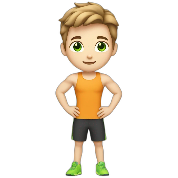 Fitness boy, whole body, white skin, light brown hair, green eyes emoji