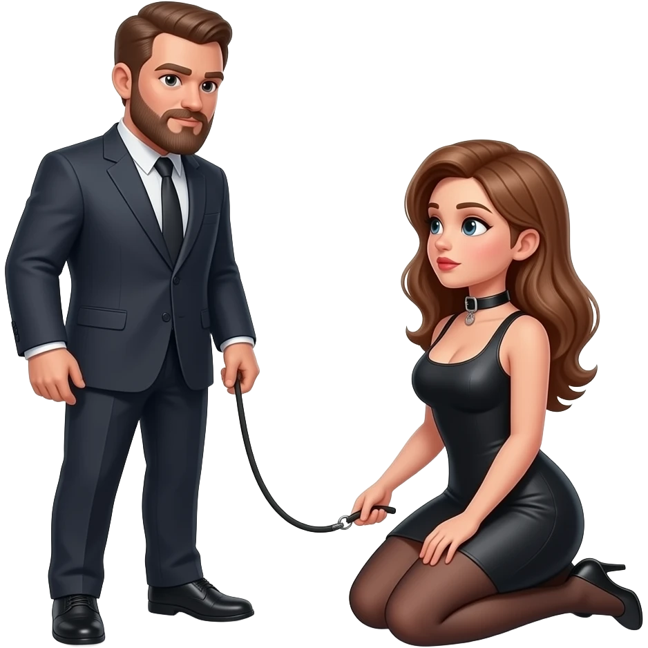 Soumise collier au cou, laisse au collier du cou,a genoux au pied de son maître non barbu et lui debout en costume emoji