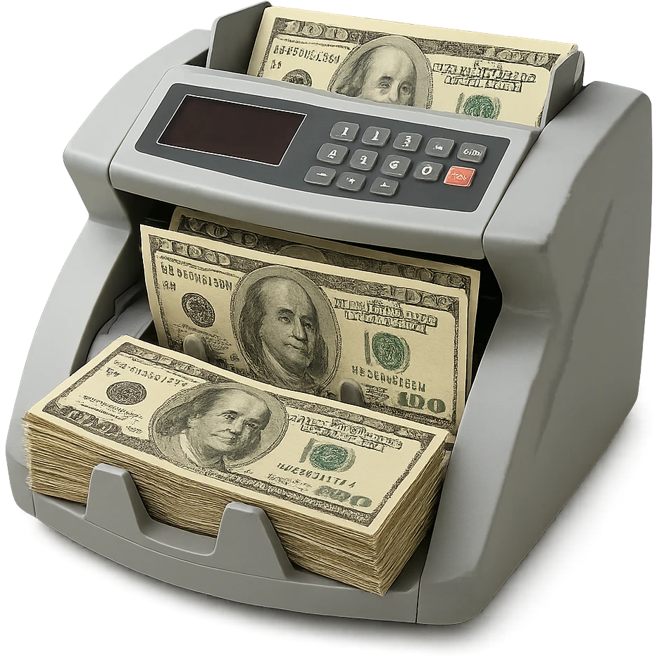 modern banknote counter machine with stacks of US dollars, clear details emoji
