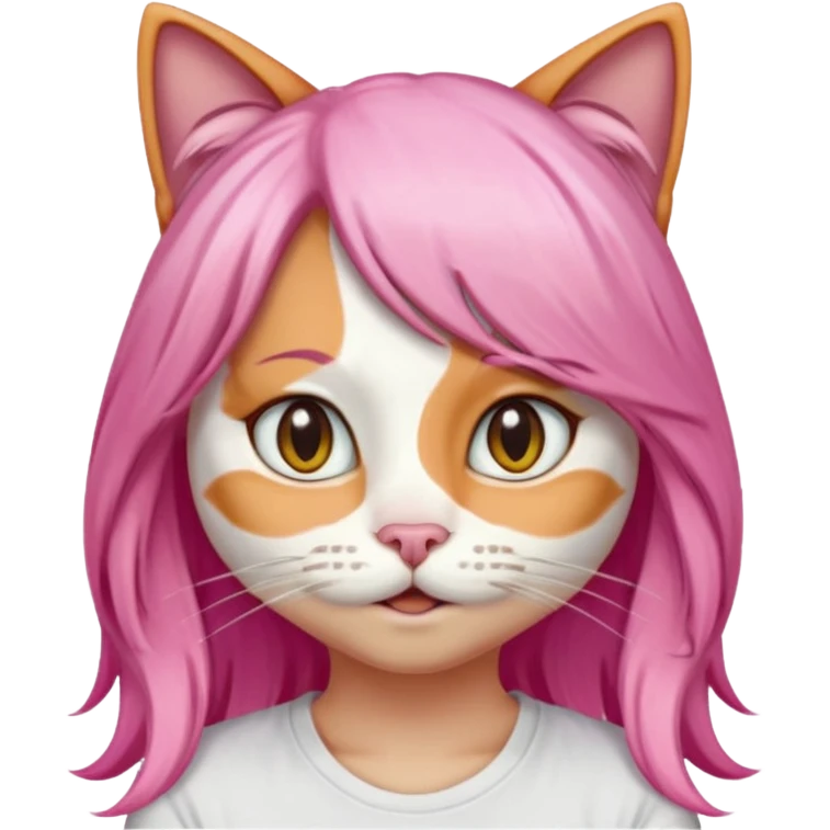 calico cat wear long pink hair wig, white T-shirt emoji
