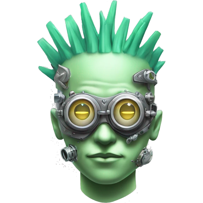 Pastel green Mohawk cyborg head with silver steampunk goggles emoji