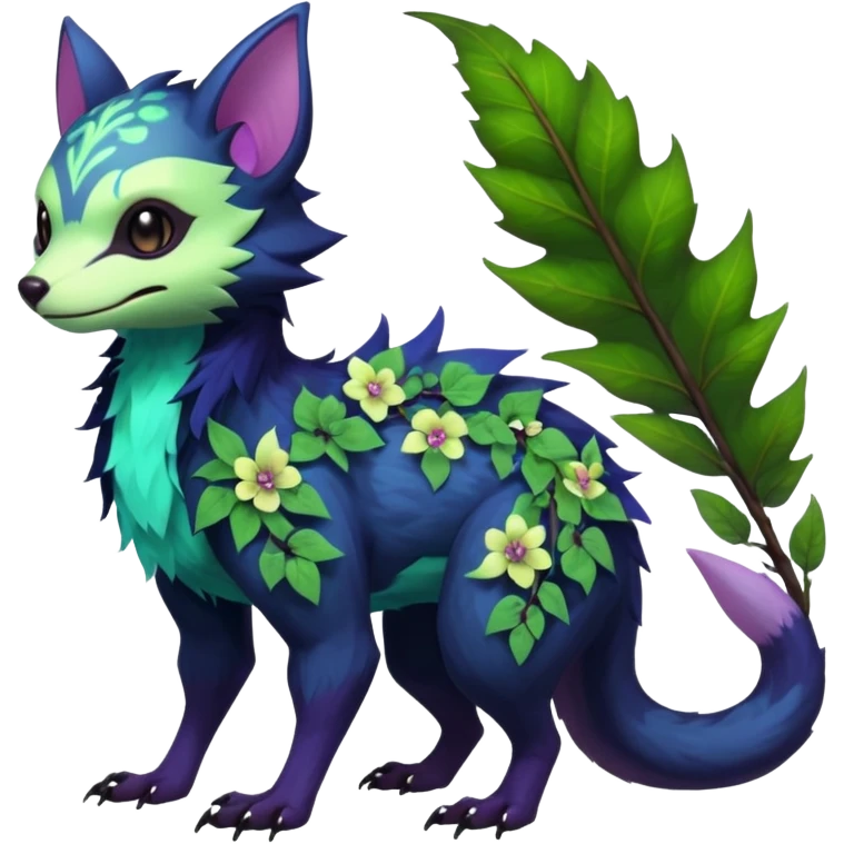 Realistic Sharp swampy mossy elemental ivy floral detailed Colorful translucent luminescent glowing Trico-Noibat-batty-Sergal-Furret-Ferret-Wolverine-Vernid-furry-fursona-fusion-Fakemon-animal-hybrid-creature, full body emoji