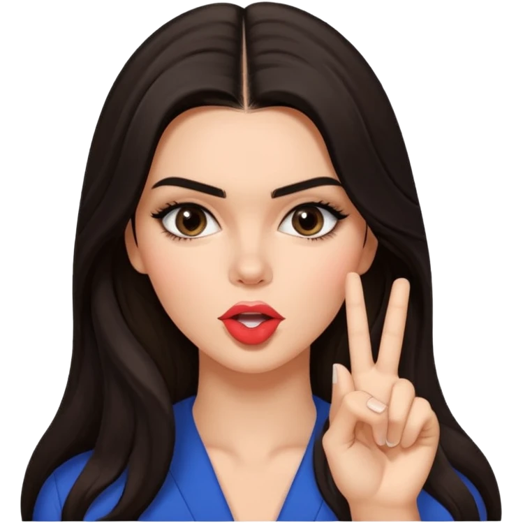 Create a glossy 3D emoji-style illustration of a glamorous brunette model inspired by Kendall Jenner, with long dark hair and defined features, making a “shh” gesture with one finger to her lips. othe hand is not in the picturePlayful, mysterious expression, centered, transparent background. emoji