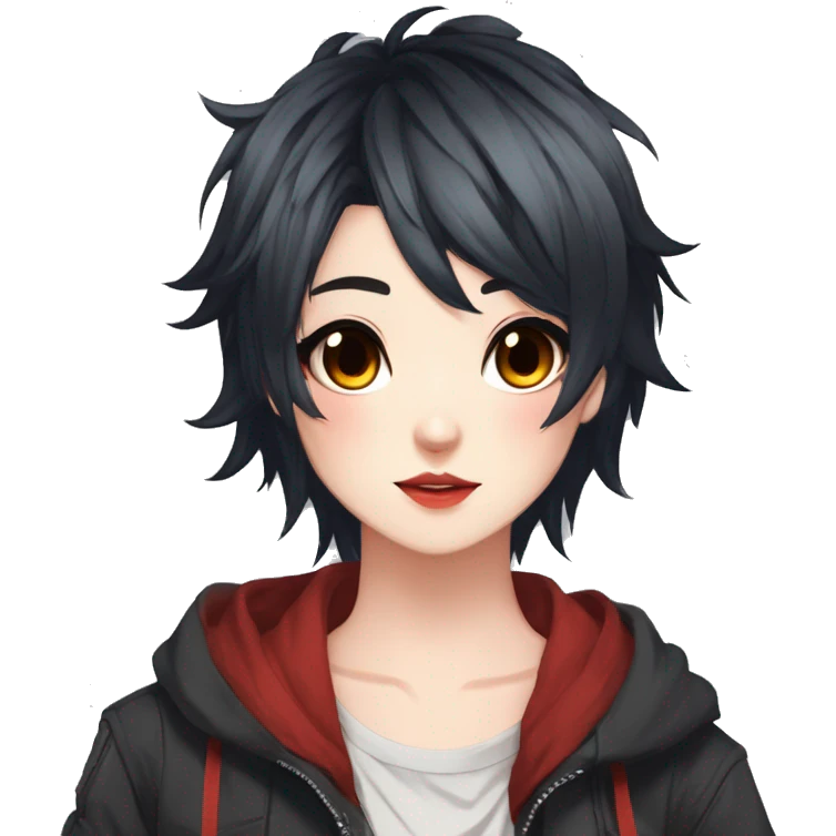 Gorgeous anime style tomboy-lady with blushing face aesthetic and pretty edgy black red punk hair with hair garment trending style emoji