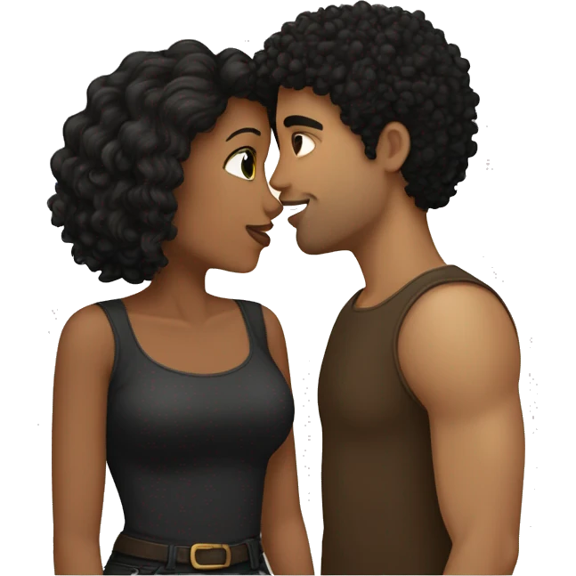 Girl with curly black hair wearing a brown shirt kissing a light skin man with black hair wearing a black shirt emoji