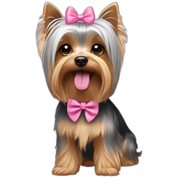 yorkshire terrier with grey hair with the tongue and two little pink hairbow on the head emoji