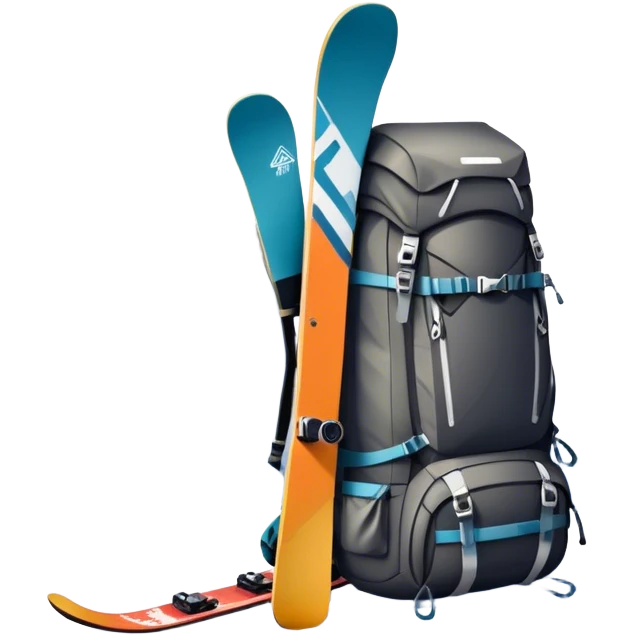 Icon for Mountain Tourism: a snow-covered peak in the distance, with skis, a snowboard, climbing gear, a backpack, and a camera. The icon should represent the adventure and exploration of mountain landscapes. Transparent background. emoji
