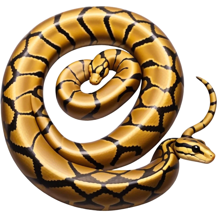 A photo-realistic top-down view of a Ball Python gently coiled into a tight spiral, with its head resting peacefully at the center. The pattern flows smoothly around the curves of its body, emphasizing its natural camouflage and calm demeanor. emoji