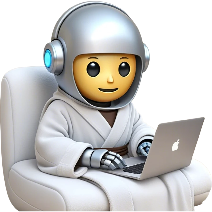 An emoji of a remote-working robot, sitting comfortably with coffee and laptop wrapped in a cozy bathrobe. The robot's head resembles a sleek, futuristic helmet with a smooth, reflective surface. Its eyes are not human-like but rather glowing digital slits or circular LED indicators. emoji