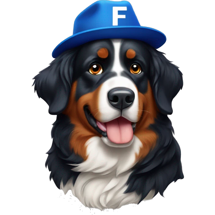 Bernese mountain dog wearing a blue and orange hat that has the letter "F" on it emoji