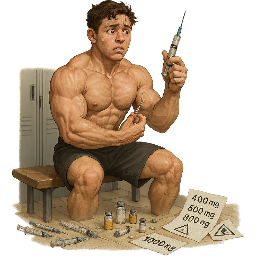 young inexperienced bodybuilder in a locker room about to inject an excessive dose of anabolic steroids, scattered syringes and vials, confused and agitated expression, sweat on forehead, sheets with wrong dosages and danger symbols, tense atmosphere, realistic details, isolated on white background emoji