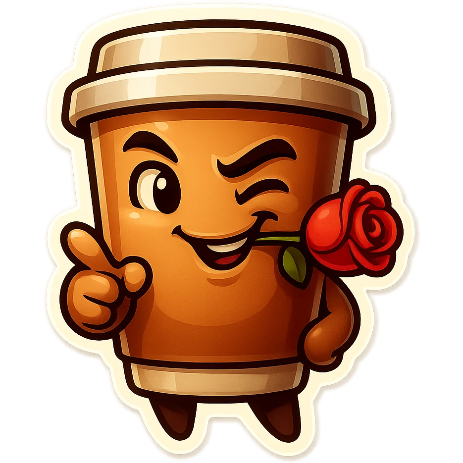 Tall coffee cup, rose in mouth, wiggle eyebrow, smirk, pointing at viewer emoji