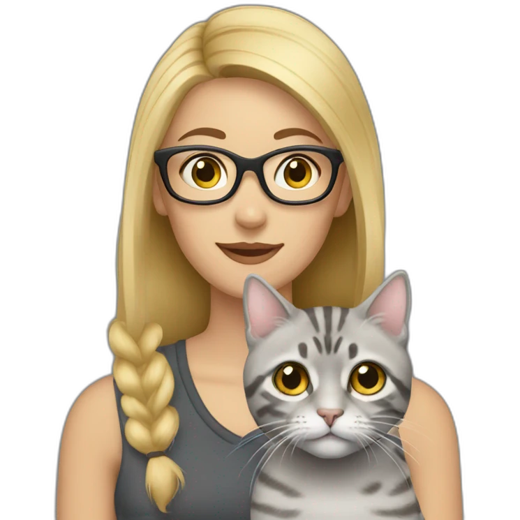 blonde woman with glasses and her gray tabby cat emoji