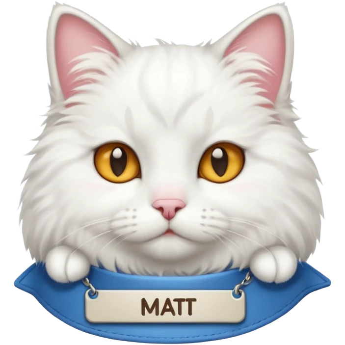 A WHITE CAT with a name tag that says mat emoji