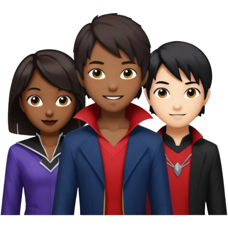 Solo poly platonic relationship, one is south African girl, one is Asian boy, one is biracial features Asian tomboy girl with anime short hair with long hair, vampire and marvel cosplay elements inspired. emoji