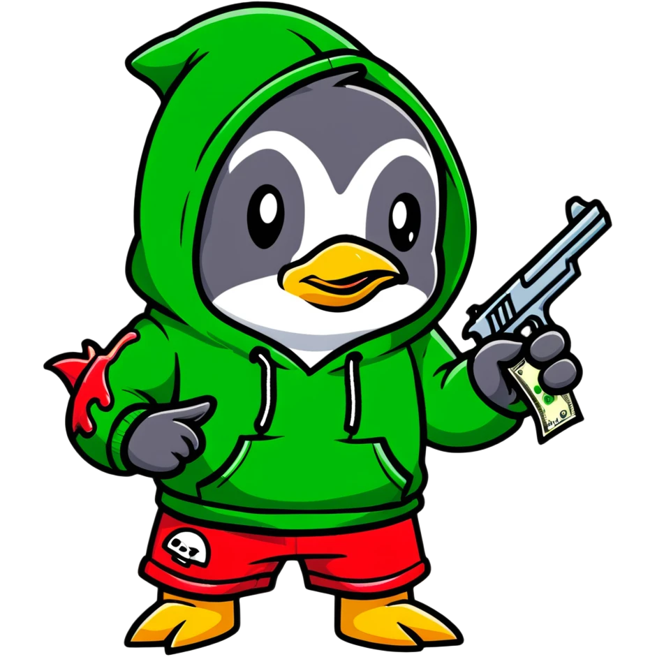 A cute half-dolphin half-penguin thug character with a gun, wearing a blood-splattered green hoodie and Dollar General shorts emoji