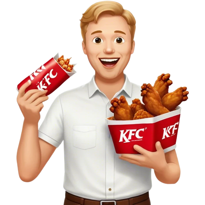 "Create an emoji of a white man holding KFC chicken wings with a happy and excited expression. Make sure to add the text 'KFC ABSOLUTE CINEMA ✋😮🤚' in large, bold letters, covering the entire screen and standing out clearly. This text must be included. Use a vibrant and expressive style." emoji