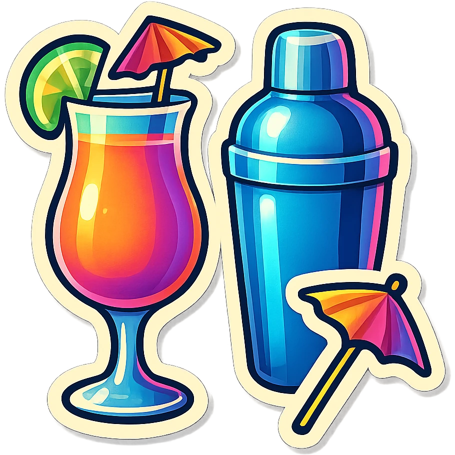 A cocktail set in retro stickers style, including a glass, shaker, and umbrella, with a cohesive vintage design emoji