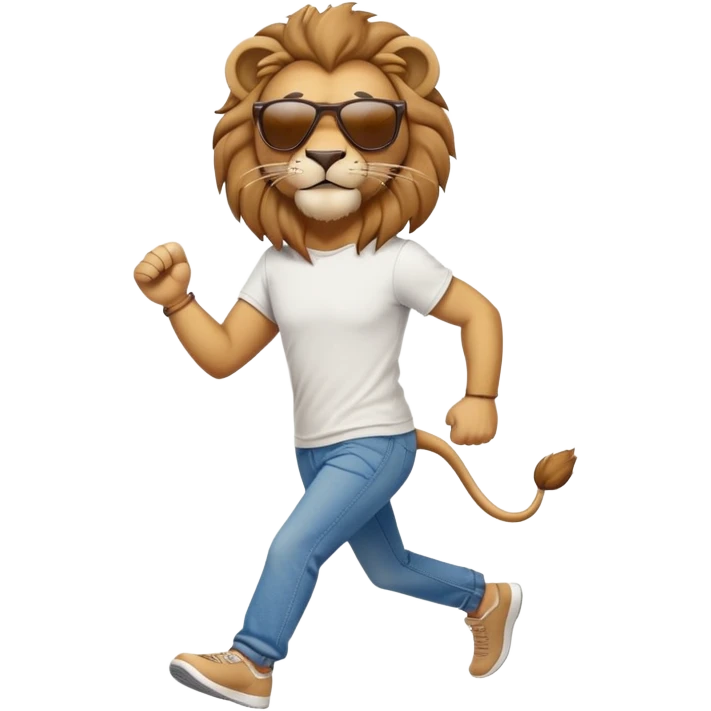 friendly anthropomorphised lion in jeans and a t-shirt, wearing dark sunglasses, jogging upright in standard pose emoji