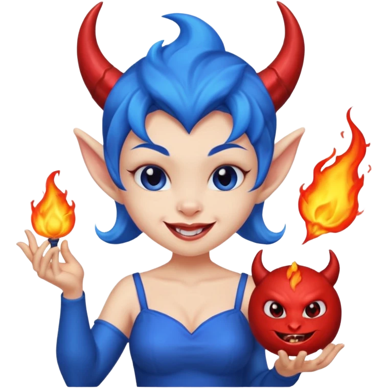 Female devil Cute blue imp holding fireball,  cute face, half body emoji