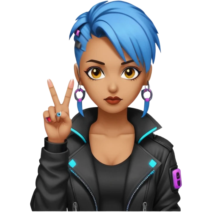 Woman with her tongue out in cyberpunk clothing and giving the middle finger. Looking naughty. emoji