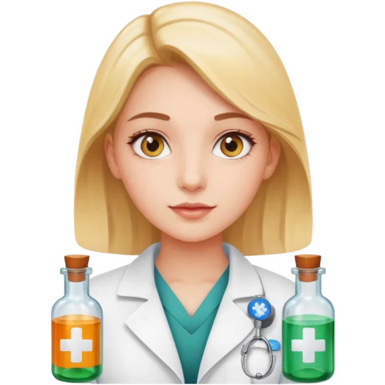 girl with pharmacy badge surrounded by medicine bottles radiant sunny eyes emoji
