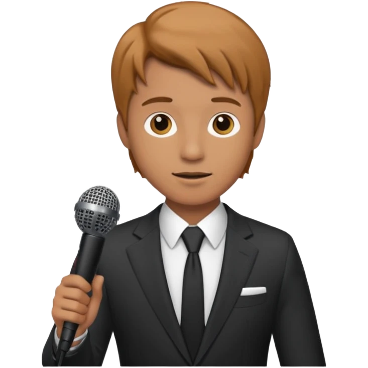 Man in suit with microphone with tan hair emoji