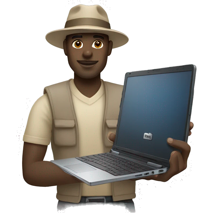 black guy wearing beige hat holding a dell precision 5680 laptop emoji