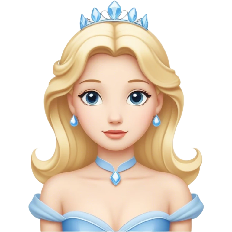 Cinematic Elegant Cinderella Portrait Emoji, rendered in a flat, vector-style with minimal shading and bold, simplified shapes. Depict Cinderella in her classic ball gown (chest and above) with fair, porcelain skin and elegantly styled blonde hair, her eyes soft and kind, and her expression serene and graceful. The design glows with a gentle, enchanting radiance and high shine, capturing the timeless beauty of a fairy tale princess.",  
 emoji
