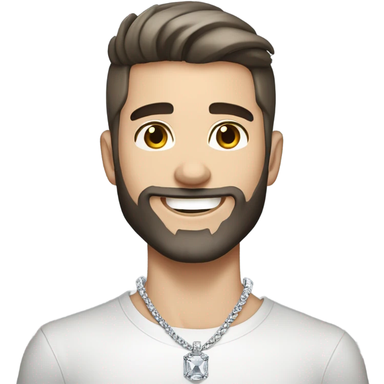 Younger white male with dark brown hair with grey highlights, a beard, and tattoos that is wearing a diamond coated white gold necklace, waving hello emoji