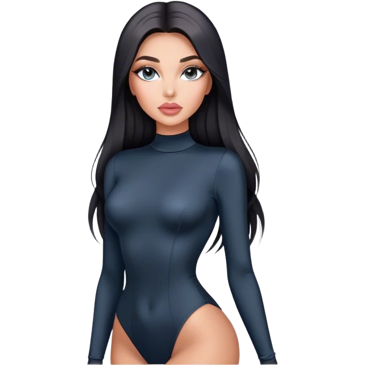Glamours, tanned, very beautiful girl, with big pump peach-beige-rose lips, long long lashes, black straight smooth silky long hair, straight parting hair, blue-grey eyes in black long-sleeves bodysuit emoji