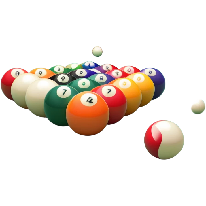 A close-up of a billiard table with a cue stick lined up to strike a colorful set of balls. The focus is on the precision of the shot, with the table’s green surface and the triangular arrangement of balls, creating a dynamic scene of strategy and concentration in the game of billiards. emoji