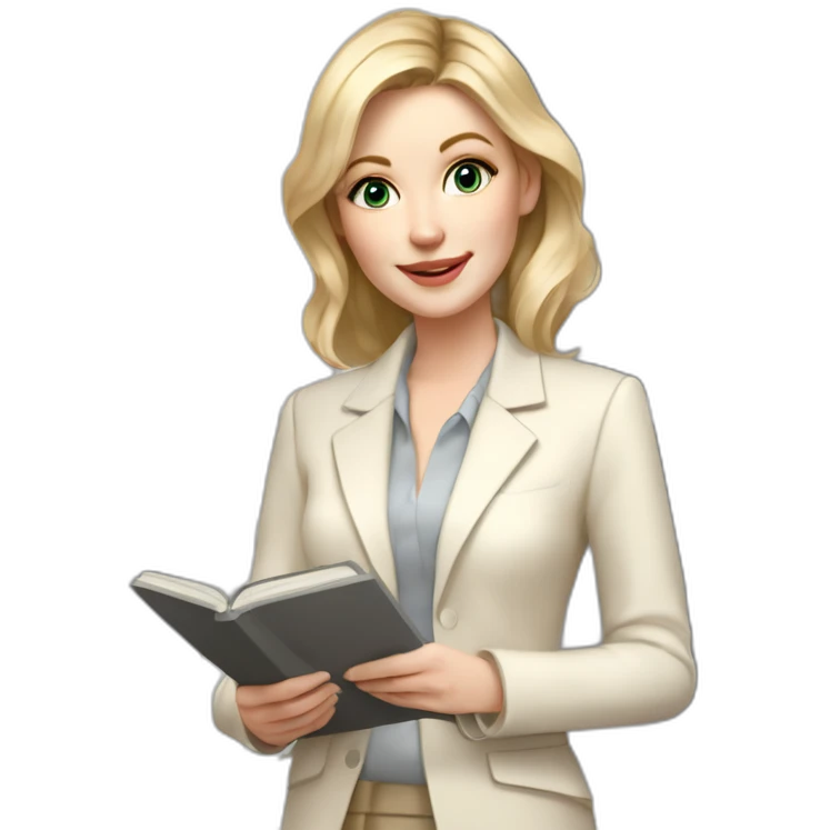 pale skin woman interior designer with cold blonde middle length hair, gray eyes, White classical jacket, beige blouse, Gray skirt holding a color palette in the hands emoji