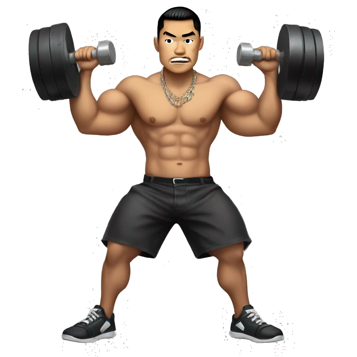 bad boy asian. tattoos. muscles. holding weights.  full body with legs. making the 'rizz' face  emoji