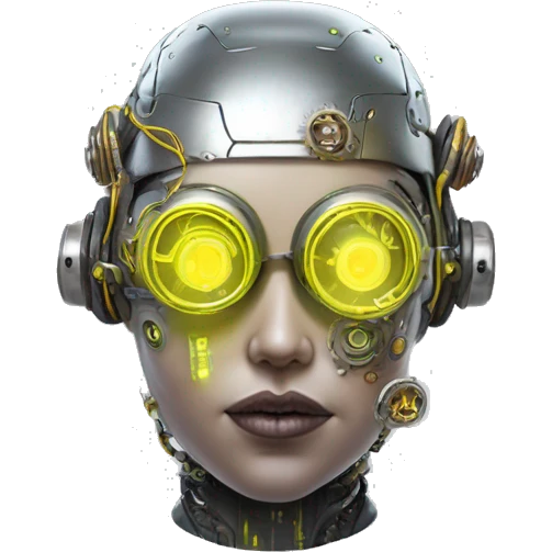 Fat faced Caucasian female cyborg head with Neon yellow bobbed hair, silver steampunk goggles and circuits emoji