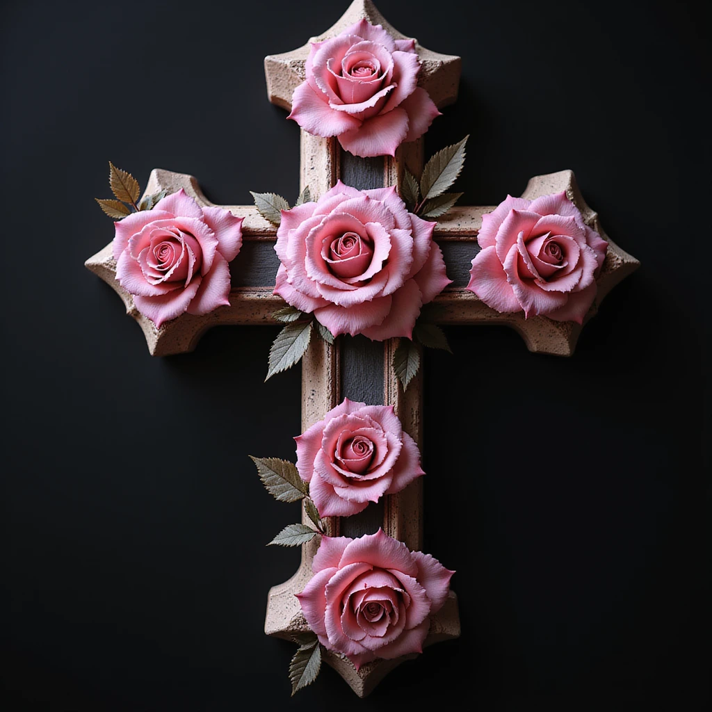 realistic gothic cross, pink with roses, photorealistic style, no background emoji