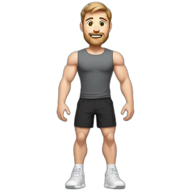 Full height Actively gesturing with hands Pale skinned Fit Man With the biceps and brown hair in dark gray Sleeveless Mike, black oversize sports shorts, watch and white Sneakers emoji