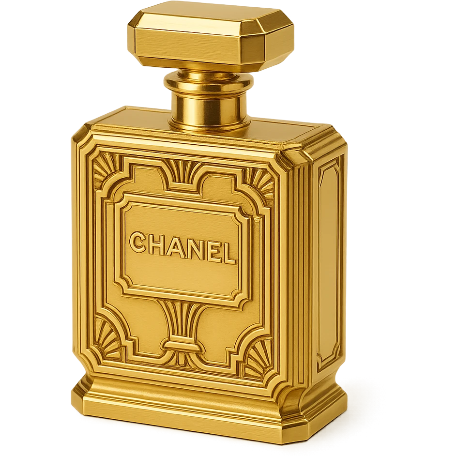 Chanel perfume bottle in a vintage art deco style, ornate gold and black design emoji
