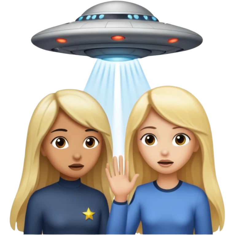 A girl with dark hair and a tan skin and a girl with long blonde hair getting sucked up by a ufo emoji