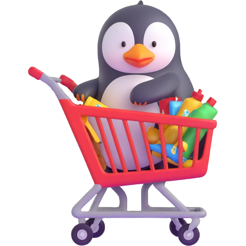 cute baby penguin pushing a shopping cart emoji