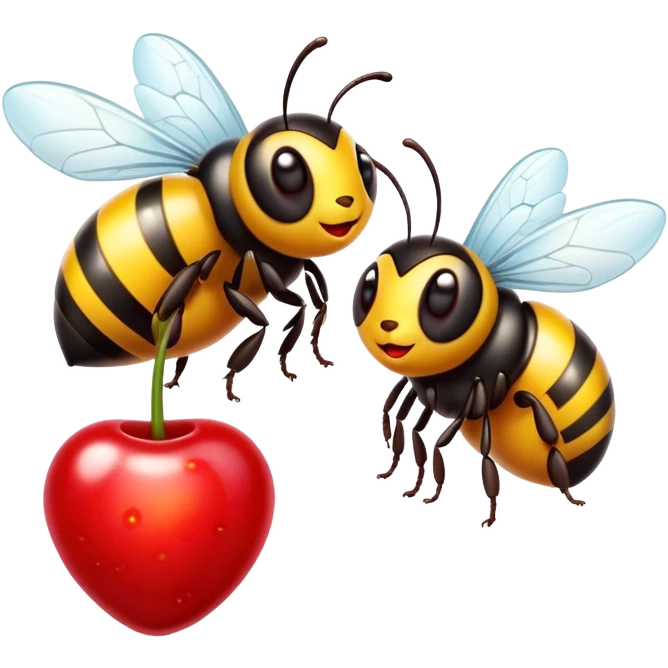 adorable bumble bee on 2 red cherries emoji