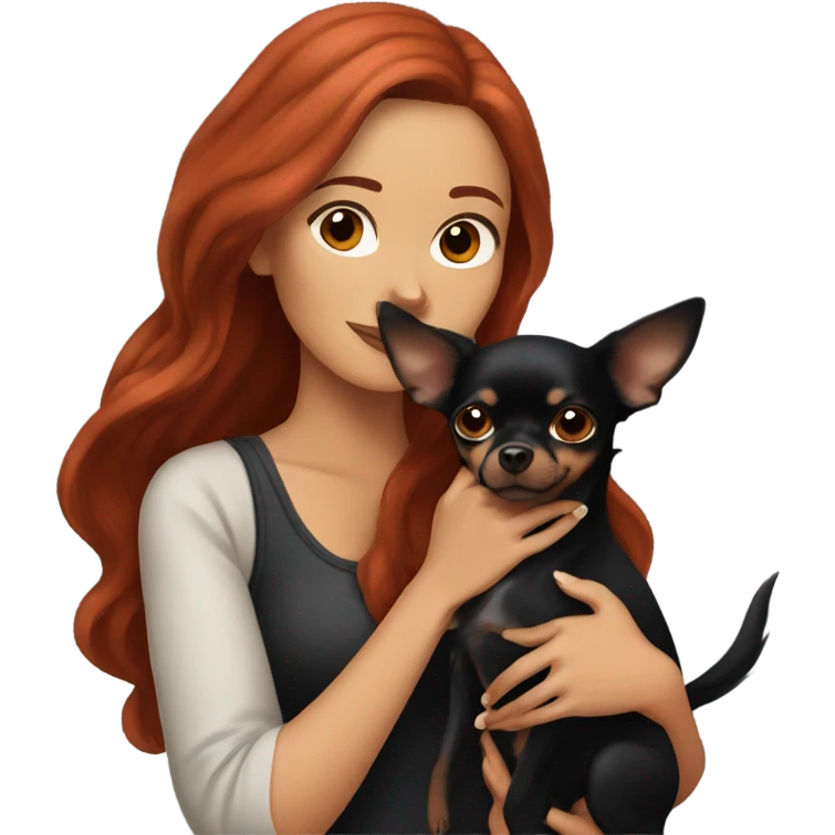woman with long red hair and brown eyes holding all black Chihuahua  emoji