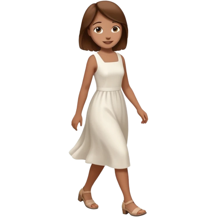 girl walking wearing a white dress, the hair color is brown, still walking emoji