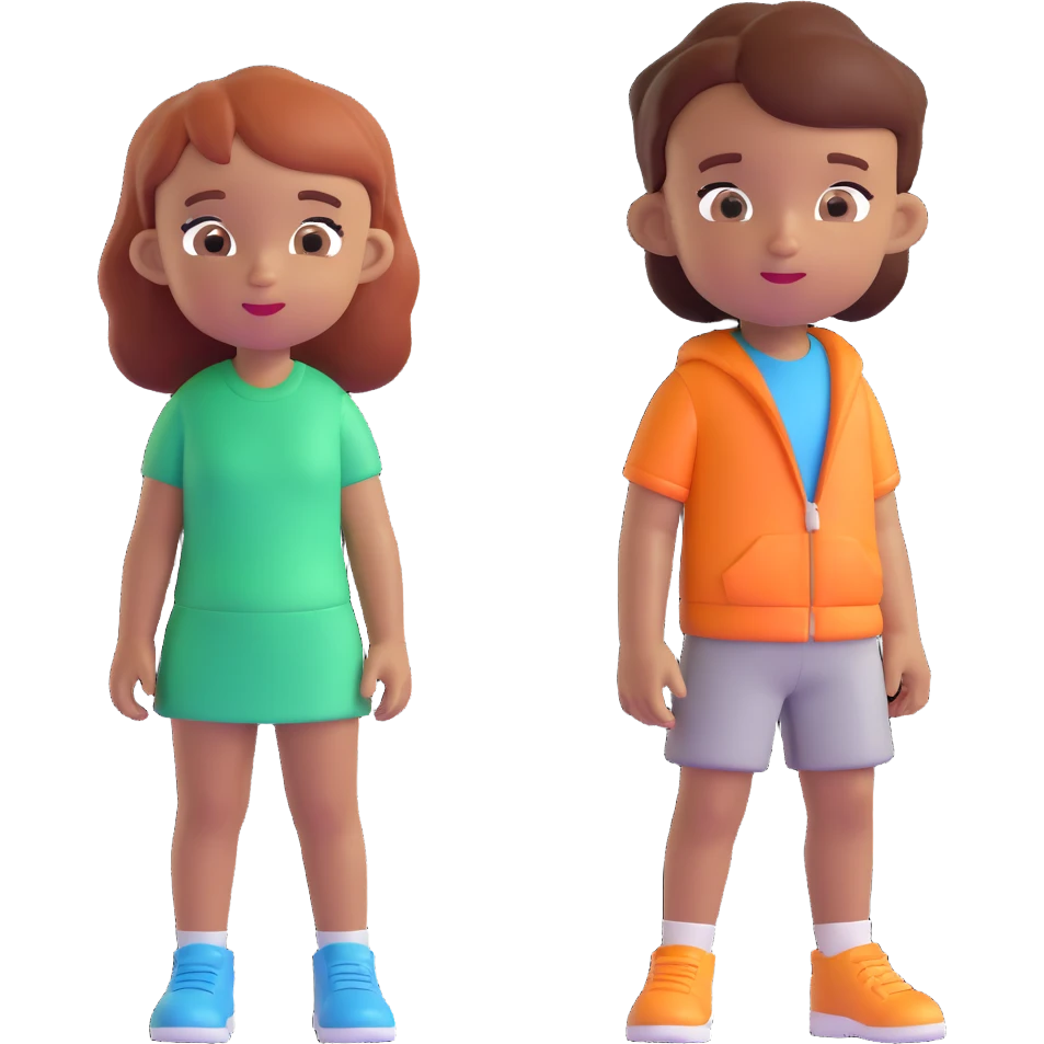 Slightly increase the volume of the upper body of the girl, separate the girl and the boy from each other, make the skin color the same for both. Keep the cartoonish 3D style. Background should remain transparent. emoji